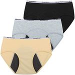 INNERSY Teen Period Pants Cotton Girls Menstrual Underwear Leakproof knickers Pack of 3 (10-12 Years, Black/Yellow/Gray)