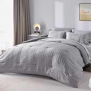 CozyLux King Seersucker Comforter Set with Sheets Light Grey Bed in a Bag 7-Pieces All Season Bedding Sets with Comforter, Pillow Sham, Flat Sheet, Fitted Sheet, Pillowcase