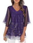 Gemulate Ladies Elegant Blouses floaty tops for women uk 3/4 Bell Sleeve tunic Blouses Shirts V Neck loose party top Ruffle Sleeve longline v neck top boho Swing tunic Shirts G-Floral Purple L