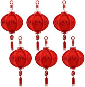 YOUEON 6 Pcs Chinese Red Lanterns Decorative, 12 Inch Felt Hanging Lanterns with Fu Character, Foldable 3D Lanterns for Chinese New Year, Spring Festival, Lantern Festival, Wedding & Restaurant Decor
