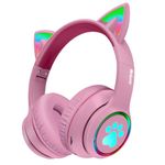 Mokata Gaming Bluetooth 5.0 Wireless Headphones Over Ear Cat LED Light Foldable Music Headset with AUX 3.5mm Microphone for Adult & Kids PC TV Game Music Pad Laptop Cellphone B12 Pink