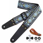 Nefelibata Vintage Guitar Strap - Hootenanny Cotton Guitar Straps with Full-Grain Leather Ends for Acoustic, Electric Guitar, Best Gifts for Kids, Men and Women Guitarists (Light Blue Flower)