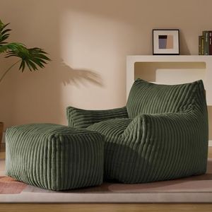 Giant Plush Bean Bag Chair for Adults with Armrests and Footstool - Oversized Comfy Green Beanbag Chaise Lounge Lazy Floor Sofa Chair for Living Room, Bedroom & Dorm, Cozy Fluffy Cloud Mini Couch