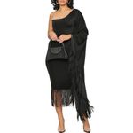 SHESEEWORLD Women's Fringe Trim One Shoulder Long Draped Sleeve Asymmetric Neck Bodycon Cocktail Midi Dress, Black, Small