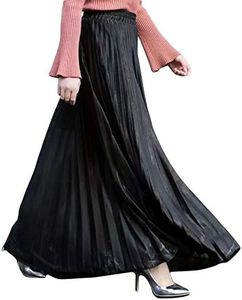 Flygo Women's Metallic Shiny Shimmer Accordion Pleated Swing Long Maxi Party Skirt (Medium, Black)