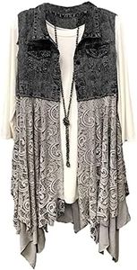 FindThy Women’s Denim Vest Sleeveless Ripped Draped Patchwork Cardigan Jean Vest with Irregular Lace Extender Hem(0475-Black-S-LB)