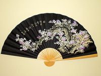 Large 60 X 35 Folding Wall Fan Art Black with Cherry Blossoms Prosperity Hand Painted