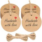 jijAcraft 100Pcs Handmade with Love Tags,100Pcs Kraft Paper Gift Tags with String,Made with Love Gift Wrap Tags 2” Round Brown Label Tags for Home Made Crafts,Candle Tins,Wedding&Birthday Party Favors