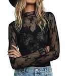 Caziffer Women's Lace Layering Top Long Sleeve Sheer Mesh Mock Neck Undershirt Y2K Lace Floral Tops See Through Shirt Blouse (Embroidery Flower Black, S)