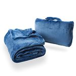 Cabeau Fold ‘n Go Travel and Throw Blanket Plus Compact Case - for Home and Travel - Doubles as Lumbar Pillow and Neck Support Pillow - French Microfiber Comfort - Blue