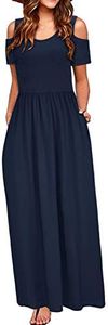 STYLEWORD Womens 2025 Fashion Navy Blue Cold Shoulder Short Sleeve Summer Casual Maxi Long Dress with Pocket(Navy,L)