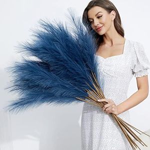 FOTEEWL 8 PCS Faux Pampas Grass Decor 38"/3.1FT Tall Fake Pompas Floral Large Artificial Pompous Grass Branches Plants for Floor Vase Filler Home Boho Decoration (Blue)