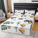 Cute Excavator Tractor Bed Skirt, Full Size Cartoon Car Sheet & Wrap Around Bed Skirt Construction Vehicles Bed Wrap Sheet Set Durable Bed Skirt with Split Corners