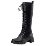 JEOSSY Women's Knee High Boots, Tall Stylish Lace up Platform Chunky Heel Boots, 9603ACA-Black Pu, Size 9 US-with Side Zipper(DJY9603ACA blackpu 09)