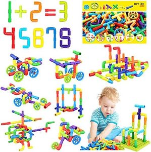 STEM Pipe Tube Building Blocks Set Toy for 3 4 5 6 7 Age Girls Boys Creative Tube Locks Construction Set Toy with Wheels Base-Plate Kids Educational Preschool Learning Toys 175 Pieces