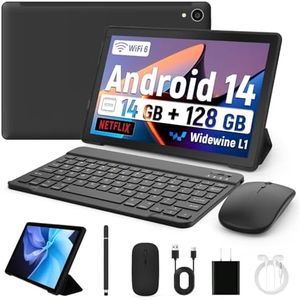 Whitedeer 10 inch Tablet Android 14, 14(4+10) GB+128GB, Octa-Core Tablet, 800 * 1280 HD丨WiFi 6丨BT 5.0丨5000mAh丨5MP+8MP, Widevine L1, Tablet with Keyboard丨Mouse丨Stylus丨Tablet Case丨 Headphone(Black)
