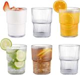 SKDBPM Water Glass Set of 6 Ribbed Drinking Glasses Heavy Base Durable Glass Cups for Juice, Wine, Beer, Cocktails and Mixed Drinks (Ribbed)