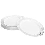 MATANA 20 Premium White Plastic Dessert Plates with Silver Rim, 19cm / 7.5 Inch - Elegant & Reusable Small Side Plates, Starter Plates for Weddings, Birthdays, Picnic, BBQ, Parties