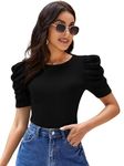 POPWINGS Casual Solid Puff Short Sleeves Round Neck Top for Women |) Latest Stylish Western Tops for Women || Summer Women Top Black