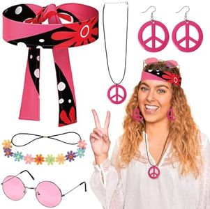 LOHAME 6pz Hippie Costume Set Retrò Accessori Hippie Costume Bohemia Set Costume Anni '60 anni '70-Occhiali da Sole Collana con Segno di Pace Fascia Hippie-per Festa Spiaggia Viaggio Foto Regalo