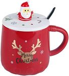 Christmas Coffee mug,Ceramic Santa Tea Cups with 3D lid and Spoon,14OZ Novelty mugs for Thanksgiving day,Halloween Christmas gift for women men girls boys (Red)