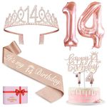 14th Birthday Decorations for Girl, Including 14th Birthday Sash and Tiara/Crown, 14th Birthday Candles and Cake Toppers, Rose Gold 14 Balloons, 14 Year Old Girl Gifts for Birthday