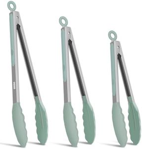 Kitchen Tongs, Set of 3 Stainless Steel Tongs with Silicone Tips Locking Cooking Tongs 600ºF Heat Resistant Tong for Cooking BBQ Grilling Air Fryer Serving Food Salads, 7"+9"+12" Light Green