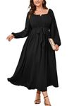 SCOMCHIC Women Plus Size Maxi Dress Long Sleeve Square Neck Elegant Wedding Guest Cocktail Belted Flowy A Line Long Dresses, Black, X-Large Plus