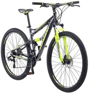 Schwinn Traxion Mountain Bike for Adult Men Women, 29-Inch Wheels, Full Suspension, 24-Speed Shimano Drivetrain, Trigger Shifter, 18-Inch Aluminum Frame, Mechanical Disc Brake, Matte Grey/Neon Green