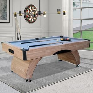 7FT Pool Table with Automatic Ball Return, Modern Arched-Leg Billiards Table with Durable Matte-Black Finish and Complete Accessories for Family Game Room & Recreation Space (Wood)