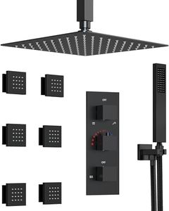 GRANDJOY Thermostatic Shower System in Wall, 12" Ceiling Mount Rainfall Shower Faucet Set with Handheld Sprayer & 6 Body Jets, Matte Black