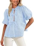 PRETTYGARDEN Women's Tie Front Striped Shirt 2025 Summer Trendy Fashion Cute Babydoll Tops Peplum Puffy Sleeve Blouse (Light Blue,Small)