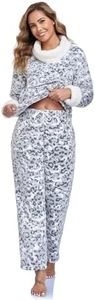 RONGTAI Women's Winter Fleece Pajama Set High-Neck Leopard Print Loungewear, Soft White Thermal Sleepwear with Pockets (US, Alpha, XX-Large, Regular, Regular, Leopard Gray)
