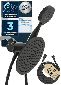 HammerHead Showers® ALL METAL Dual Shower Head Combo – MATTE BLACK – 8 Inch Rainfall High Flow Shower Head & 3-Flow Handheld Shower Head High Pressure with Hose 6ft - Luxury Double Shower Heads