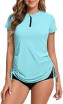 Rash Vest Women Short Sleeve Rash Guard 1/4 Zip Front Ladies Swim Top Quick Dry UV Swimming Shirts Adjustable Hem UPF 50+ Blue 14