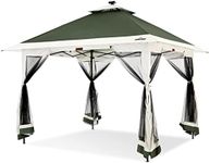 Suntime 12x12 Instant Pop Up Gazebo Canopy Tent Shelter with Solar LED Lights, Zippered Mesh Mosquito Netting, Wheeled Roller Carry Bag, Bonus Weight Sandbags, Stakes, Ropes - Green
