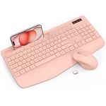 Wireless Keyboard and Mouse Combo - Full-Sized Ergonomic Keyboard with Wrist Rest, Phone Holder, Sleep Mode, Silent 2.4GHz Cordless Keyboard Mouse for Computer, Laptop, PC, Mac, Windows (Pink)