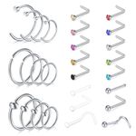 LAURITAMI 28pcs Nose Studs Silver Nose Rings Stainless Steel Thin Nose Bar Screw Hoop Set Diamond 18G 20G 6/8/10/12mm L-Shaped Nose Piercing Jewellery