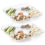 Navaris Glass Divided Plates (Set of 2) - 5 Section Divider Plate for Adults, Serving, Portion Control - 10" Square Clear Platter with Food Dividers