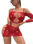 Avidlove Womens Fishnet Lingerie Mesh Chemise Babydoll Bodysuit Lace Rhinestone Lingerie Sets Red M