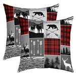 Retro Rustic Lodge Cushion Covers, Bear Moose Deer Throw Pillow Covers 20x20 Set of 2 for Home office Car, Farmhouse Tree Vines Pillow Covers, Vintage Arrows Buffalo Plaid Decorative Pillow Covers