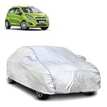 FAVY 100% Waterproof Car Cover for Chevrolet Beat Full Car Body Cover with Mirror Pocket, All-Weather Protection with Elasticated Bottom Matellic Silver with Blue Piping (2005-2024)