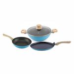 SALFORD by UCOOK Forged Non-Stick Set of 3+1 (Kadhai 240mm + Frypan 240mm + Tawa 260mm + LID) with Soft Touch Wooden Handle, Induction & Gas Ready, 1 Year Warranty, Black Spatter -Dusty Blue