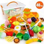 JoyGrow 40 PCS Kitchen Toys Cutting Toys Pretend Vegetables Fruits Play Food Educational Toys for Girls Boys Kids With Storage Case