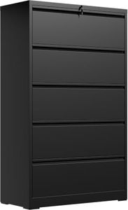 5 Drawer Lateral File Cabinet with Lock, Horizontal Metal File Cabinets for Home Office, Heavy Duty Large Filing Storage Cabinet, Steel Wide File Cabinet for Legal/A4/F4, Require Assembly-Black