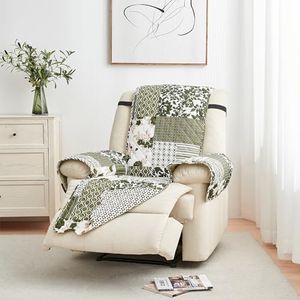 Reversible Patchwork Recliner Chair Cover - Washable Slipcover Furniture Protector with Elastic Straps - Couch Cover for Dogs, Kids, and Pets - Box-Stitched Detail (Recliner, Olive / Brown)