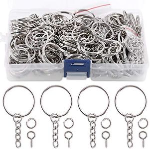 Swpeet 450Pcs 1 Inch 25mm Sliver Flat Key Chain Rings Kit, Including 150Pcs Split Keychain Rings with Chain and 150Pcs Jump Ring with 150Pcs Screw Eye Pins Bulk for Jewelry Findings Making