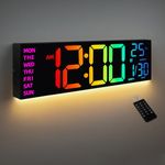 HAITANG 8 Colors Digital Wall Clock, 16.2" Large Digital Clock with Temperature, Date, Auto DST, Night Light, Auto Brightness Dimmer, 24/12-hour Wall Clock for Living Room Office Gym Decor