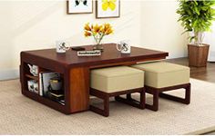 FURNITUREWALLET Wooden Center Table for Living Room | Coffee Table with 4 Stools | Center Table | Tea Table | Sofa Set Center Table in Honey Finish