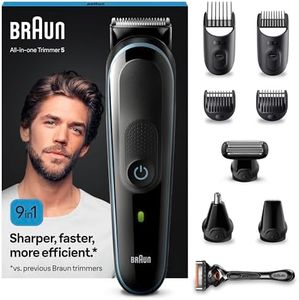 Braun 9-in-1 All-In-One Trimmer Series 5, Male Grooming Kit With Beard Trimmer, Hair Clippers, Ear & Nose Trimmer & Gillette Razor, 7 Attachments, Gifts For Men, UK 2 Pin Plug,MGK5280,Black/Blue Razor